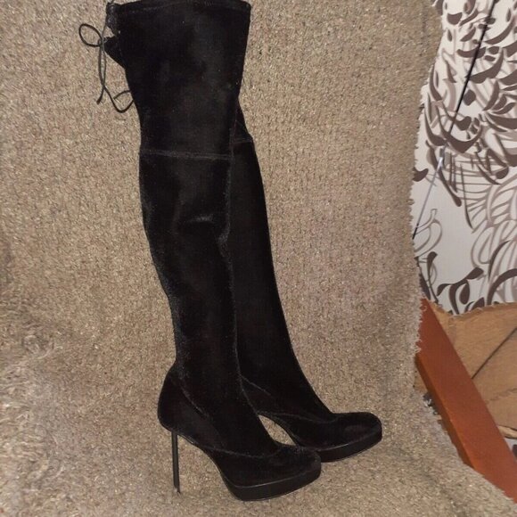 STUART WEITZMAN-GL29808-Black Velvet Over Knee-Stiletto Boots-Sz 6-Excellent - Picture 3 of 6